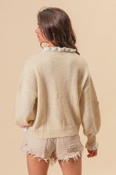 BiBi Ruffled Crochet Flower Dropped Shoulder Sweater OutfitFlow